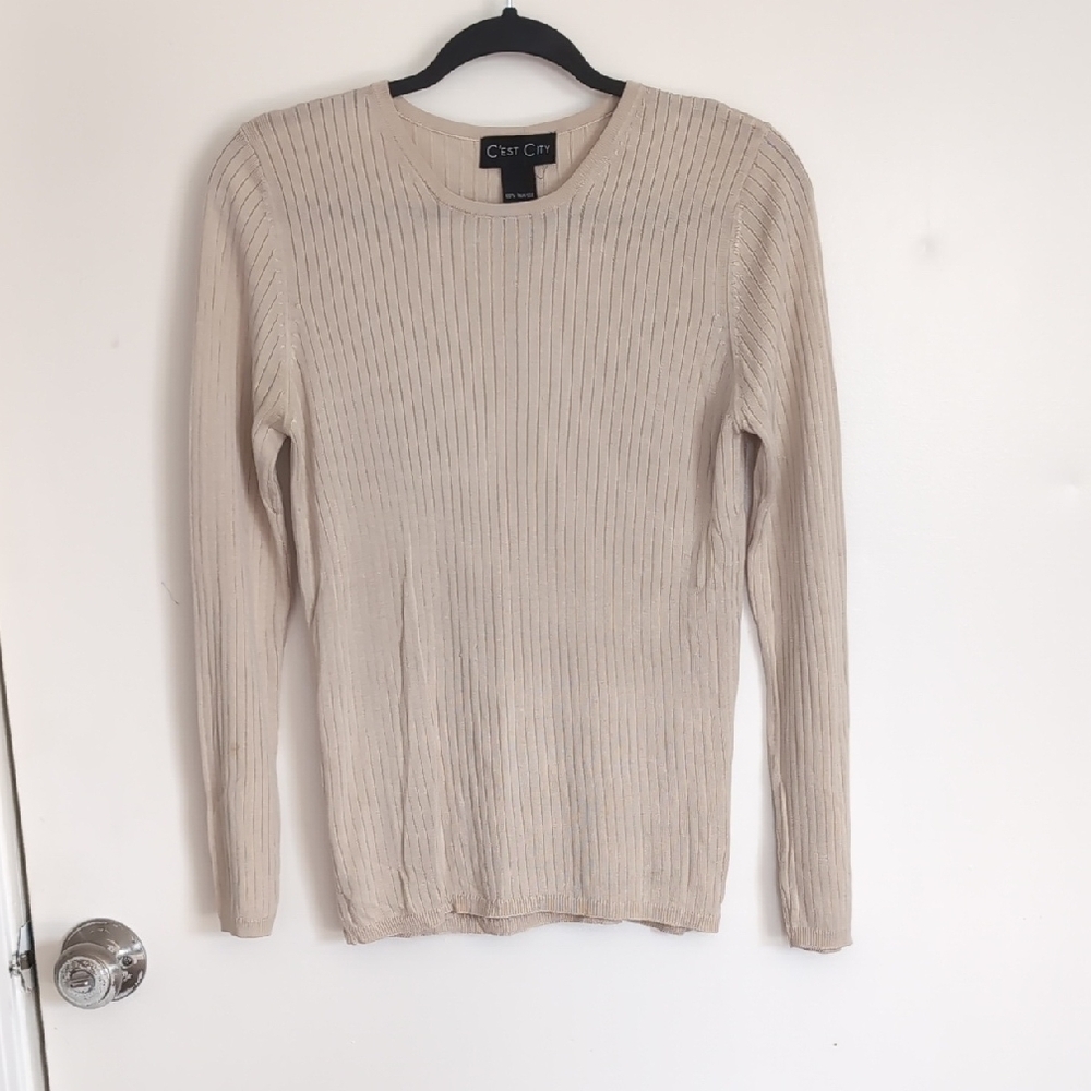 Cream Ribbed Crew Neck Sweater
